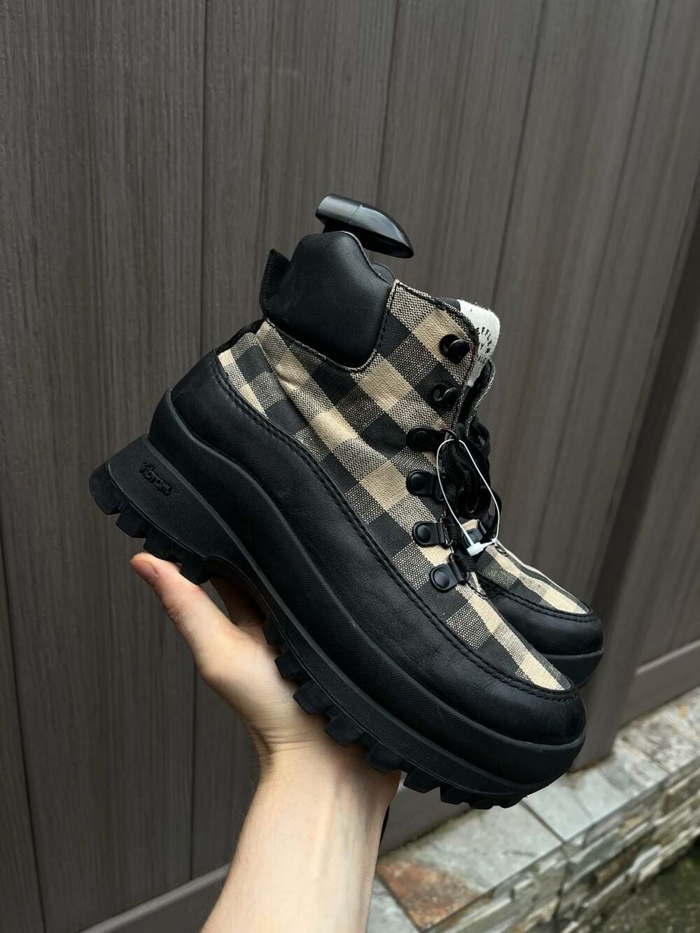 Loeffler Randall Owen Platform Hiking Boots Black Plaid Womens